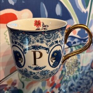 Anthropologie Lou Rita Blue and Gold Floral “P” Mug